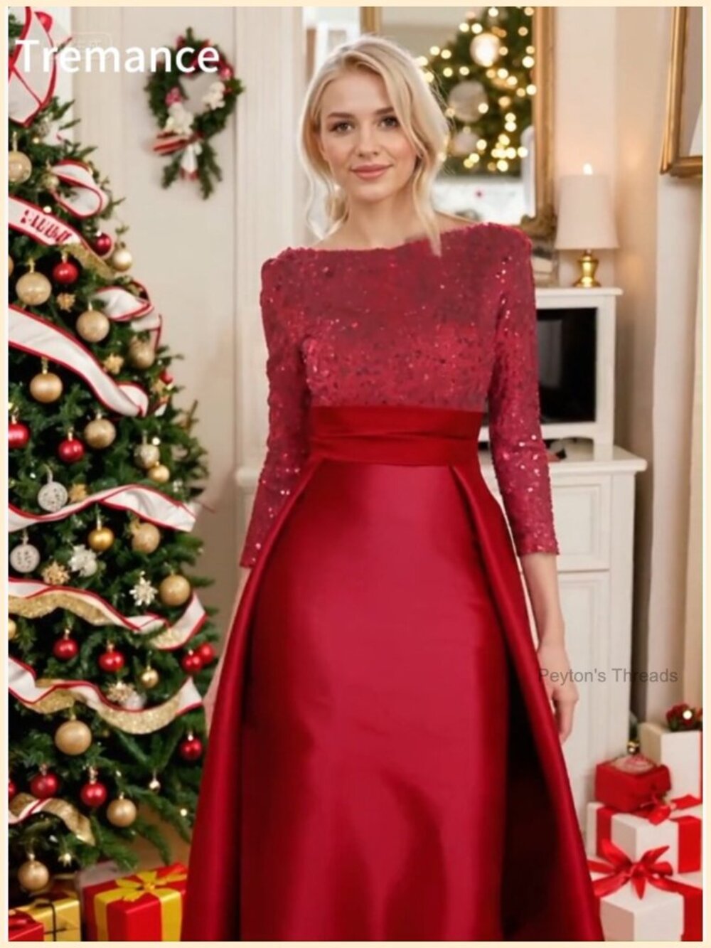 Long Sleeve Sequined A-line Evening Gown with Overskirt Prom Dress - Picture 7 of 7